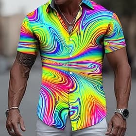 Men's Colorful Optical Illusion Dizzy Shirt Button Up Shirt Short Sleeve Fashion Casual Streetwear Vacation Summer Spring Turndown 3D Print Collared Shirts Blu