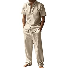 Herren Leinenhemd Zweiteilig Hemd Set Und Leinenhosen Hose Freizeithose Set Einfach Täglich Outdoor Urlaub Umlegekragen Kurzarm Sommer Mode Lässig Bequem Bekle