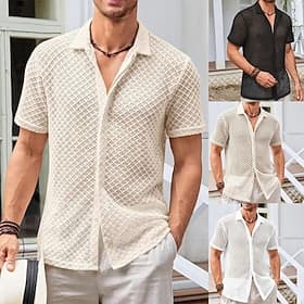 Herren Hemd Freizeithemd Knopfhemd Jacquard-Hemd Schwarz Weiß Beige Kurzarm Geometrisch Einfach Hemdkragen Lässig Täglich Ausgehöhlt Bekleidung Elegant Mode Lä