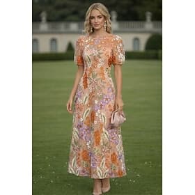 A-Line Ankle Length Tea Length Cocktail Dresses Elegant Floral Short Sleeve Crew Neck Wedding Formal Lace Cowl Back with Floral Print Embroidered Flower 3D Flo