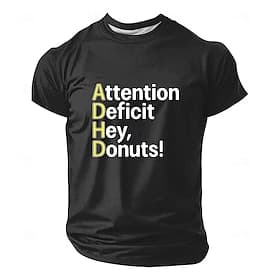 Men's ADHD Attention Deficit Hey Donuts Funny Sarcastic Humor Meme T Shirt Graphic Regular Fit Short Sleeve Casual Gift Designer Clothing Apparel S M L XL XXL