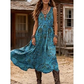 Women's Midi Dress Sundress A Line Dress Vacation Casual Boho Holiday Loose Fit Graphic Geometric Sleeveless V Neck Blue Green Summer Spring