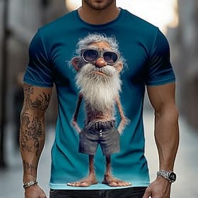 Funny 3D Graphic Cool Old Man with White Beard  Sunglasses Men's Teal T-Shirt - Quirky Grandpa Caricature Design Short Sleeve Crew Neck Summer Beach Holiday Te