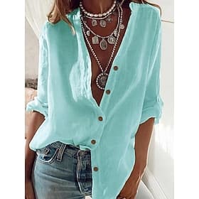 Women's 100% cotton Tunic Button Up Long Cotton Top White Cotton Top Plain Daily Basic Casual Long Sleeve Standing Collar Long Tops Casual Daily Work Blue Blac