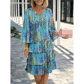 Women's Knee Length Dress Shift Dress Casual Regular Fit Graphic Abstract 3/4 Length Sleeve Crew Neck Blue Yellow Pink Orange Summer Spring