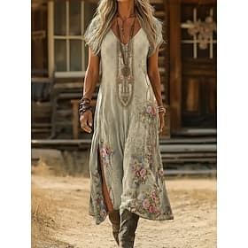 Women's Maxi long Dress Boho Dress Casual Dress A Line Dress Print Dress Vintage Outdoor Vacation Weekend Regular Fit Floral Graphic Short Sleeve V Neck Blue D