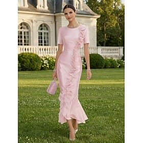 Mermaid / Trumpet Evening Ankle Length Cocktail Dresses Wedding Guest Dresses Elegant Short Sleeve Crew Neck Garden Party Formal Satin with Ruffles