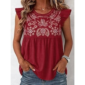 Women's T Shirt Tee Top Embroidered Floral Bohemia Vintage Casual Sleeveless Crew Neck Regular Tops Daily Going out Weekend Blue Black Red Green Gray Summer Sp