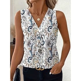Femmes Débardeur Fleuri Graphique Élégant ancien Classique Sans manches Col en V Hauts Réguliers Occasionnel Quotidien Bleu Orange Kaki Été Printemps