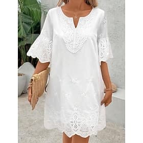 Women's Knee Length Dress White Lace Dress Eyelet Dress Elegant Fashion Modern Outdoor Vacation Going out Regular Fit Plain Half Sleeve V Neck White Summer Spr