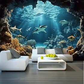 Shark Great White Underwater World 3D Cave View Coral Reef Blue Ocean Sunlight Wall Tapestry Wall Hanging Backdrop for Boys Room Bedroom Kids Playroom Home Dec