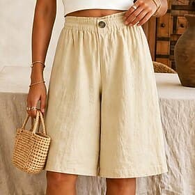 Women's Linen-feel Shorts Bermuda Shorts Shorts Summer Shorts Vacation Fashion Casual Daily Knee Length High Waist Solid Color Plain Pocket Elastic Waistband S