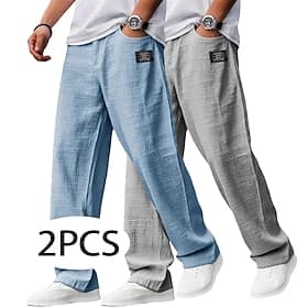 Men's Linen Pants Trousers Summer Pants Baggy Pants Beach Pants Drawstring Elastic Waist Straight Leg Plain Comfort Breathable Full Length Casual Daily Holiday thumbnail 4