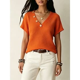 Women's Texture Blouse Waffle T-shirt Stylish Classic Short Sleeve V Neck Regular Tops Casual Daily Beach Black Orange Summer Spring