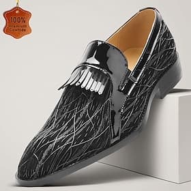 Hochwertige schwarze Lackleder-Loafer für Herren mit spitzer Zehenpartie und Fransen – elegante Business-Schuhe, ideal für Hochzeitsgäste, Bankette, Partys und