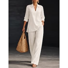 Women's Cotton Linen Sets Two Piece Sets Blouse Sleeveless Long Sleeve Crew Neck V Neck Solid Color Plain Elegant Fashion Streetwear Casual Daily Outdoor Black