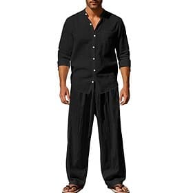 Men's Linen Shirt 2 Piece Shirt Set And Loose Linen Pants Trousers Set Plain Daily Outdoor Vacation Grandad Collar Long Sleeve Summer Spring Fashion Casual Com