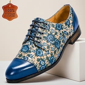 Men's Blue Floral Oxford Shoes Lace-Up Dress Shoes Elegant Statement Footwear for Wedding Guests, Banquets, Parties, Prom and Formal Evening Wear