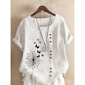 Women's Linen-feel Shirts Blouse Buttons Print Floral Graphic Vintage Tropical Stylish Short Sleeve Long Tops Casual Holiday Blue Grass Green White Purple Gree