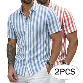 Men's Shirt Linen Shirt Summer Shirt Beach Shirt Striped Shirts Vertical Stripes Casual Vacation YellowBlue PinkYellow Yellowgreen Navy BlueYellow Short Sleeve