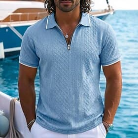 Men's Zip Polo Textured Casual Holiday Lapel Quarter Zip Short Sleeve Fashion Basic Plain Jacquard Quarter Zip Summer Regular Fit Light Blue Black White Burgun