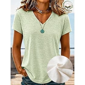 Women's Cotton T-Shirt Summer Tops Plain Stylish Classic Short Sleeve V Neck Long Tops Casual White Light Green Light Purple Light Blue Summer Spring