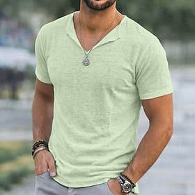 Herren T-Shirt Leinen-T-Shirt Kurze Ärmel V Ausschnitt Sommer Einfach Mode Designer Basic Weich Rein Lässig Urlaub Straße Blau Schwarz Weiß Top T-Shirt für Her