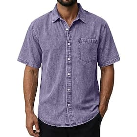 Men's Shirt Casual Shirt Button Up Shirt Cotton Acid Wash Shirt Black Wine Navy Blue Purple Brown Short Sleeve Plain Lapel Casual Daily Front Pocket Clothing A