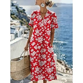 Mujer Vestido Midi Vestido de cambio Vestido de verano Vacaciones Casual Estilo playero Holgado Floral Graphic Manga Corta Escote en Pico Azul Piscina Rosa Roj