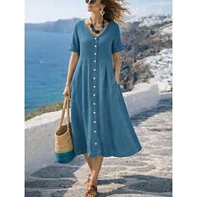 Women's Maxi Dress Linen-feel Dresses A Line Dress Casual Daily Regular Fit Plain Short Sleeve V Neck Blue Black White Green Summer Spring