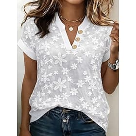 Women's T Shirt Tee Top Lace Patchwork Plain Fashion Stylish Classic Short Sleeve V Neck Regular Tops Daily Going out Weekend Blue Black White Khaki Summer Spr