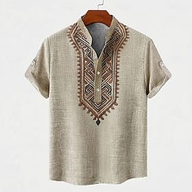 Men's Geometric Pattern Tribal Ethnic Shirt Button Down Shirt Short Sleeve Vintage Retro Holiday Casual Daily Summer Spring Standing Collar Henley Collar 3D Pr