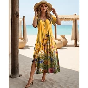 Women's Midi Dress A Line Dress Summer Dress Vacation Casual Beach Regular Fit Floral Graphic Short Sleeve V Neck Blue Yellow Light Green Pink Summer Spring