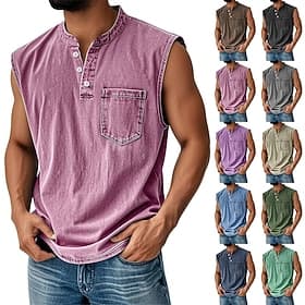 Men's Tank Top Vest Top Cotton T Shirt Washed Shirt Sleeveless Henley Summer Plain Fashion Designer Basic Pocket Garment Dyed Washed Casual Vacation Street Bla