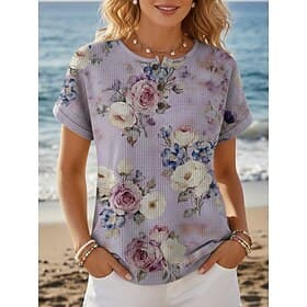 Women's Waffle T Shirt Print Chest Buttons Floral Graphic Stylish Modern Casual Short Sleeve Henley Regular Tops Daily Purple Summer Spring