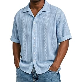 Men's Shirt Texture Button Down Shirt Jacquard Shirt Black White Light Green Navy Blue Purple Short Sleeve Geometric Lapel Daily Outdoor Jacquard Clothing Appa