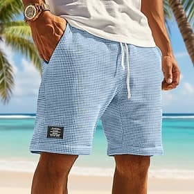 Voor heren Wafel korte broek Zomer korte broeken Strandshorts Casual korte broek Trekkoord Elastische taille Effen Kleur Comfort Knielengte Dagelijks Buiten St thumbnail 3