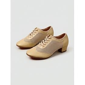 Women's Beige Lace-Up Ballroom Dance Shoes, Professional Closed Toe Practice Heels for Waltz, Foxtrot, Tango  Training
