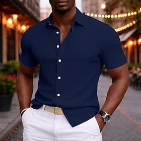 Men's Shirt Casual Shirt Button Up Shirt Jacquard Shirt Blue Black White Pink khaki Short Sleeve Plain Shirt Collar Casual Daily Plain Clothing Apparel Elegant