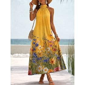 Women's Maxi Dress Sundress A Line Dress Vacation Beach Loose Fit Floral Graphic Sleeveless Halter Neck Blue Yellow Pink Summer Spring