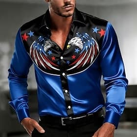 Men's 4th of July U.S. 250th Anniversary Eagle American Flag Shirt Satin Shirt Button Up Shirt Long Sleeve Patriotic Outdoor Festival Summer Spring Turndown 3D