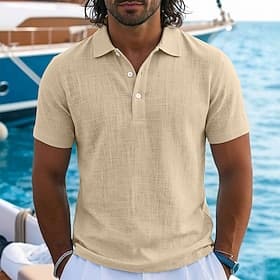 Men's Linen Shirt Polo Shirts Casual Vacation Classic Short Sleeve Fashion Solid Color Textured Buttons Summer Spring Regular Fit Blue Black Navy Blue Green Kh