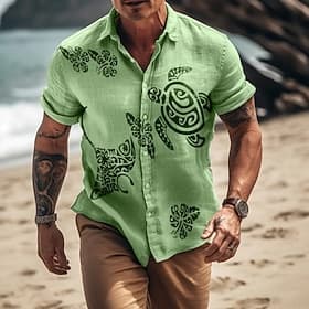 Homme Chemise en lin Chemise d'été Tenue de plage Chemise Boutonnée Tortue Plage Vacances Bleu Jaune Rouge Vert Manche Courte Col Rabattu Été Printemps Vêtemen