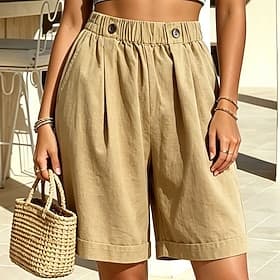 Women's Linen-feel Shorts Bermuda Shorts Shorts Summer Shorts Vacation Fashion Casual Daily Knee Length High Waist Solid Color Plain Pocket Elastic Waistband S thumbnail 2