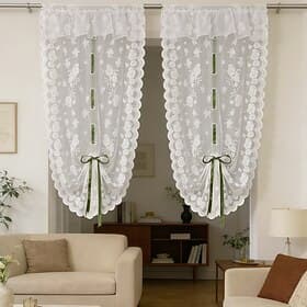 Sheer Tie Up Curtains White Floral Lace Balloon Curtain Rod Pocket Light Filtering Small Window Curtain Panels for Living Room Bedroom Kitchen Cafe Decor