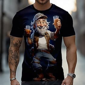 Men's Happy Old Man Holding Two Beer Glasses 3D Cartoon Grandpa Character Humorous Fun Animated T Shirt Tee Graphic Short Sleeve Regular Fit Party Drinking Bar
