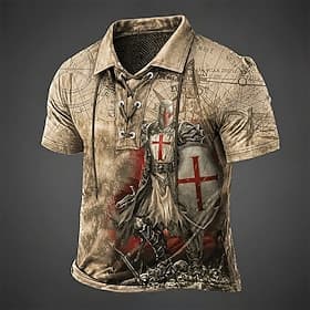 Men's Templar Cross Polo Shirts Short Sleeve Polo Shirts Lace Up Neck Vintage Casual Streetwear Daily Wear 3D Print Breathable Mesh Spring  Summer Black Brown thumbnail 2