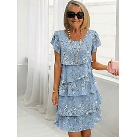 Women's Knee Length Dress Chiffon Dress Floral Dress Elegant Fashion Modern Vacation Party Weekend Regular Fit Floral Short Sleeve Crew Neck Blue Pink Green Su
