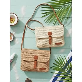 Women's Bohemian Straw Crossbody Bag, Woven Shoulder Purse in Ivory and Khaki with Adjustable Strap for Beach Vacation, Resort Travel, Casual Summer Outfits an