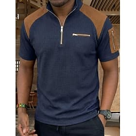 Men's Waffle Polo Shirts Polo Shirts Casual Daily Quarter Zip Short Sleeve Fashion Basic Color Block Zipper Lightweight Summer Spring Regular Fit Black White N